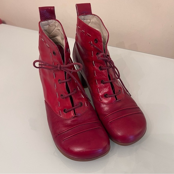 JOHN FLUEVOG Leather Lace-Up Ankle Boots Rounded Toe Red - Picture 12 of 15